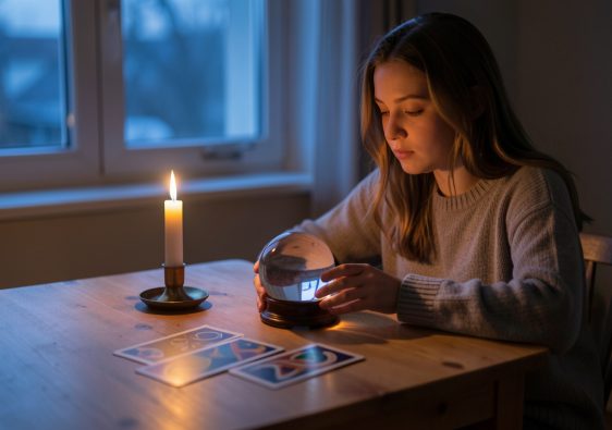 Une jeune femme pensive observe une boule de cristal et des cartes aux motifs abstraits sur une table éclairée par une lumière douce, dans une ambiance d’incertitude et d’espoir.