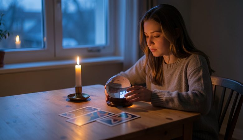 Une jeune femme pensive observe une boule de cristal et des cartes aux motifs abstraits sur une table éclairée par une lumière douce, dans une ambiance d’incertitude et d’espoir.