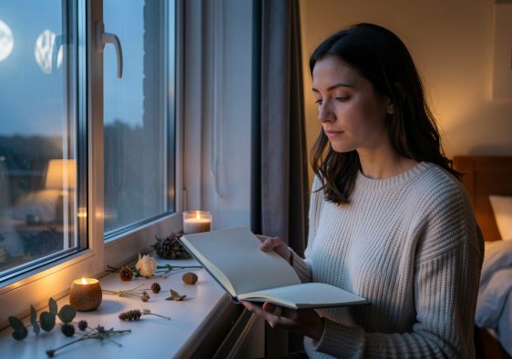 Une femme réfléchit près d’une fenêtre à l’aube, dans une chambre baignée de lumière bleutée, avec un carnet aux pages vierges et des objets évoquant les rêves et les coïncidences.