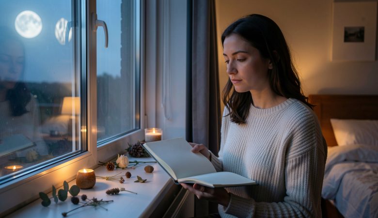 Une femme réfléchit près d’une fenêtre à l’aube, dans une chambre baignée de lumière bleutée, avec un carnet aux pages vierges et des objets évoquant les rêves et les coïncidences.
