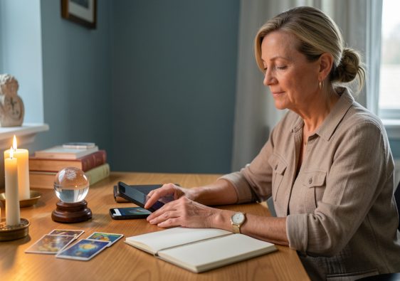 Femme conseillère spirituelle préparant calmement une consultation téléphonique dans un bureau chaleureux, avec un téléphone, une boule de cristal et des cartes symboliques.