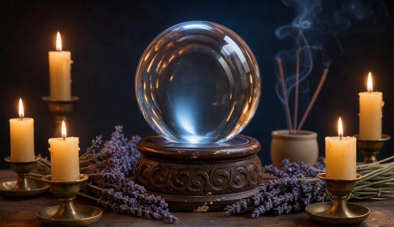 Boule de cristal lumineuse posée sur un socle en bois, entourée de bougies, de lavande séchée et de fumée d’encens dans une ambiance cérémonielle.