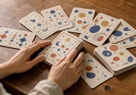 Deux jeux de cartes divinatoires aux illustrations symboliques, disposés sur une table en bois dans une ambiance chaleureuse et apaisante.