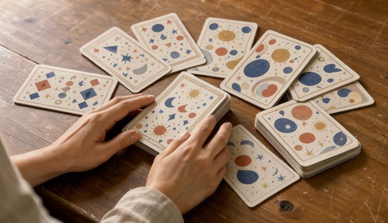 Deux jeux de cartes divinatoires aux illustrations symboliques, disposés sur une table en bois dans une ambiance chaleureuse et apaisante.