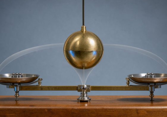 Pendule en laiton au centre de son mouvement au-dessus d’un dispositif scientifique équilibré, symbolisant la réduction des réponses contradictoires.