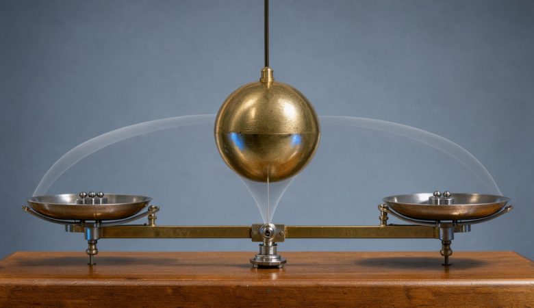 Pendule en laiton au centre de son mouvement au-dessus d’un dispositif scientifique équilibré, symbolisant la réduction des réponses contradictoires.