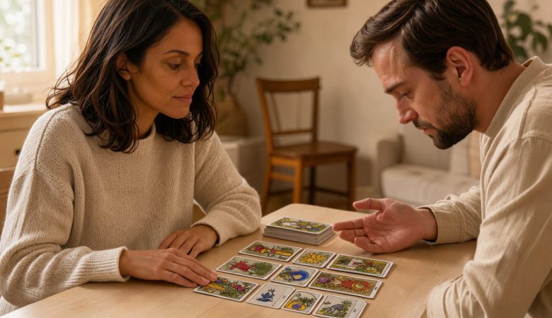 Une femme assise face à un praticien bienveillant lors d’une consultation de tarot, avec des cartes disposées sur une table claire dans une ambiance chaleureuse et apaisante.