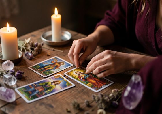 Une femme dispose des cartes de tarot sur une table en bois dans une atmosphère chaleureuse et propice à la réflexion.