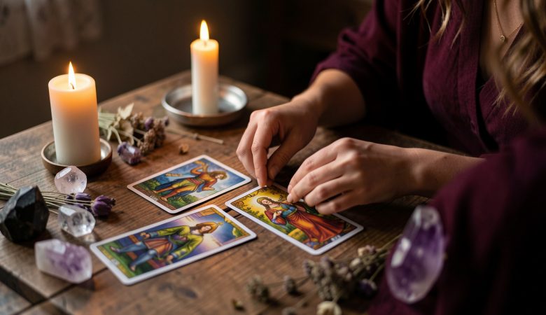 Une femme dispose des cartes de tarot sur une table en bois dans une atmosphère chaleureuse et propice à la réflexion.